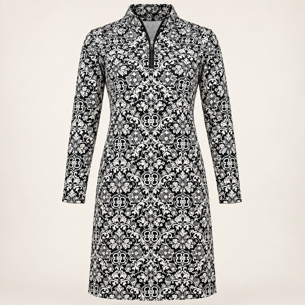 J.McLaughlin Catalina Dress Womens M Black White Preppy Zip Neck Long Sleeve